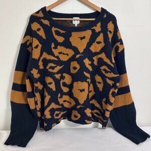 John +‎ Jenn Leopard Print Crewneck Sweater Navy Yellow Striped Sleeve Size L